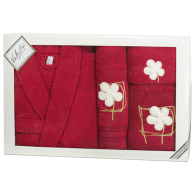 Набор Valentini Flower 2 бордовый (халат разм L + 3 полотенца 30х50 см, 50х100 см, 70х140 см)