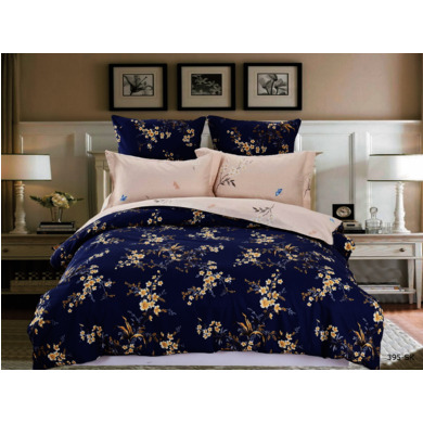 Комплект постельного белья Cleo Кремово-синий с цветами сатин, евро макси