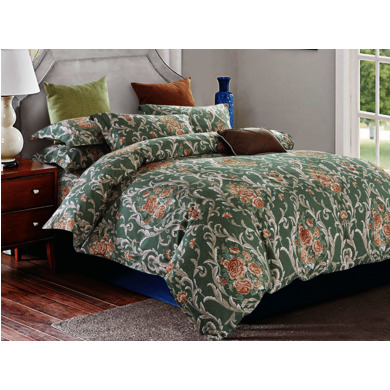 Комплект постельного белья Cleo Цветочный орнамент на серо-зеленом фоне сатин, 1,5 сп.