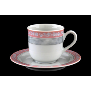 Набор кофейных пар "Яна Серый мрамор с розовым кантом" (чашка 110 мл. + блюдце) на 6 персон 12 предметов