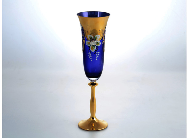 Набор фужеров для шампанского Анжела Лепка синяя Золотая ножка 190 мл 6 шт
