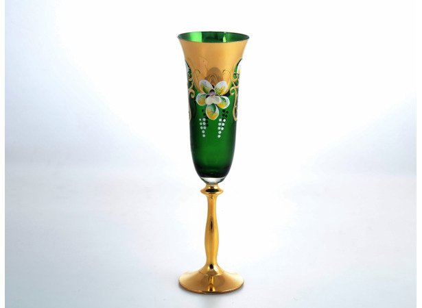 Набор фужеров для шампанского Анжела Лепка зеленая Золотая ножка 190 мл 6 шт