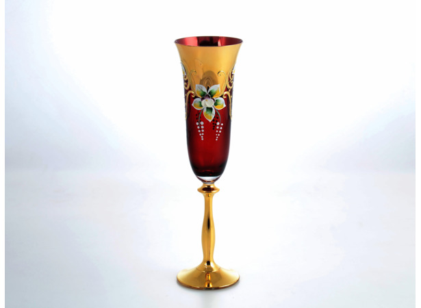 Набор фужеров для шампанского Анжела Лепка красная Золотая ножка 190 мл 6 шт